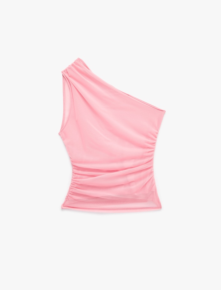  Slim Fit Drapeli Tül Tek Omuz Bluz