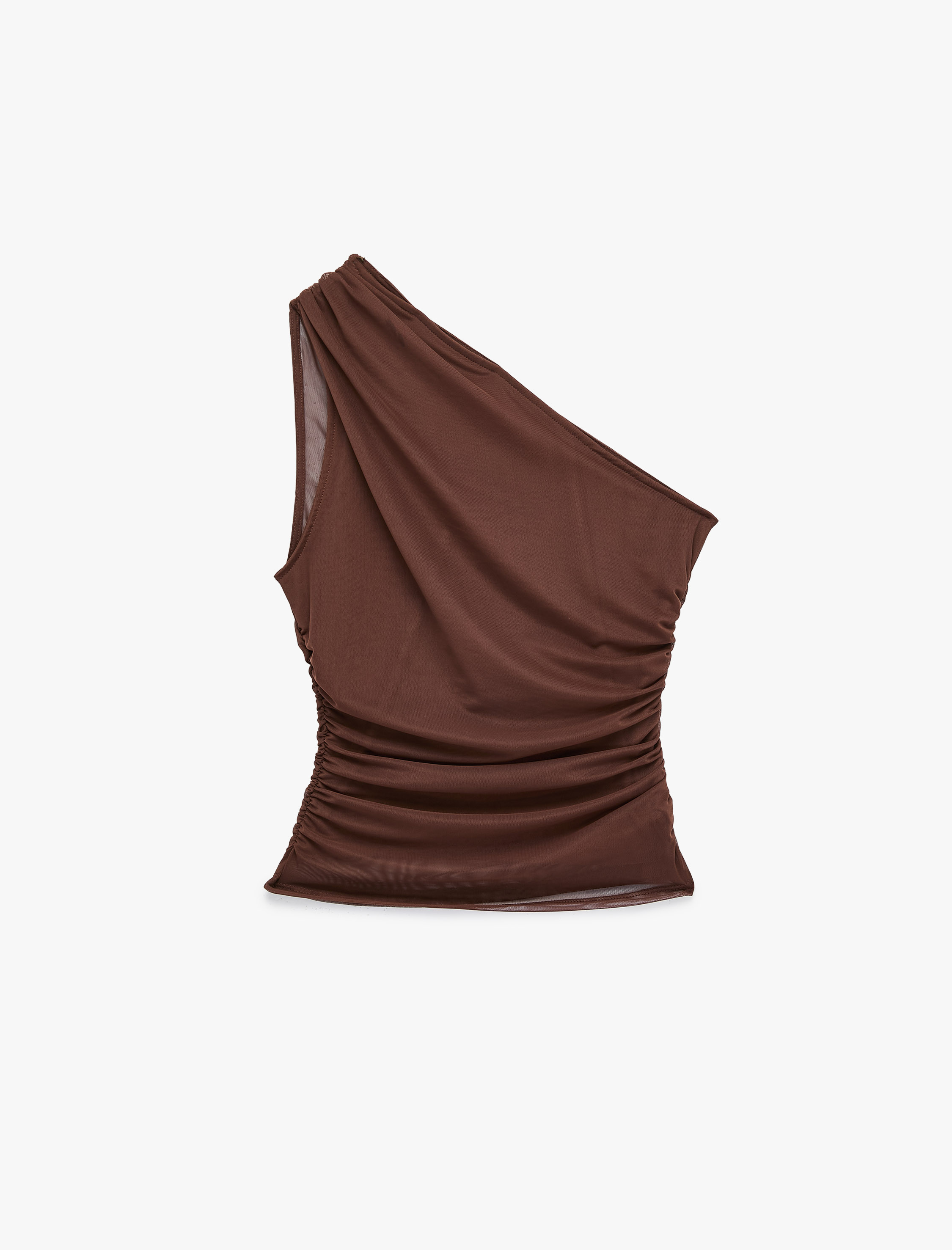  Slim Fit Drapeli Tül Tek Omuz Bluz