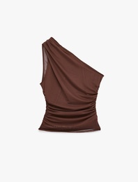 Slim Fit Drapeli Tül Tek Omuz Bluz