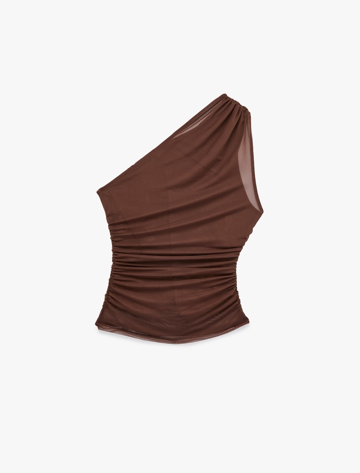  Slim Fit Drapeli Tül Tek Omuz Bluz
