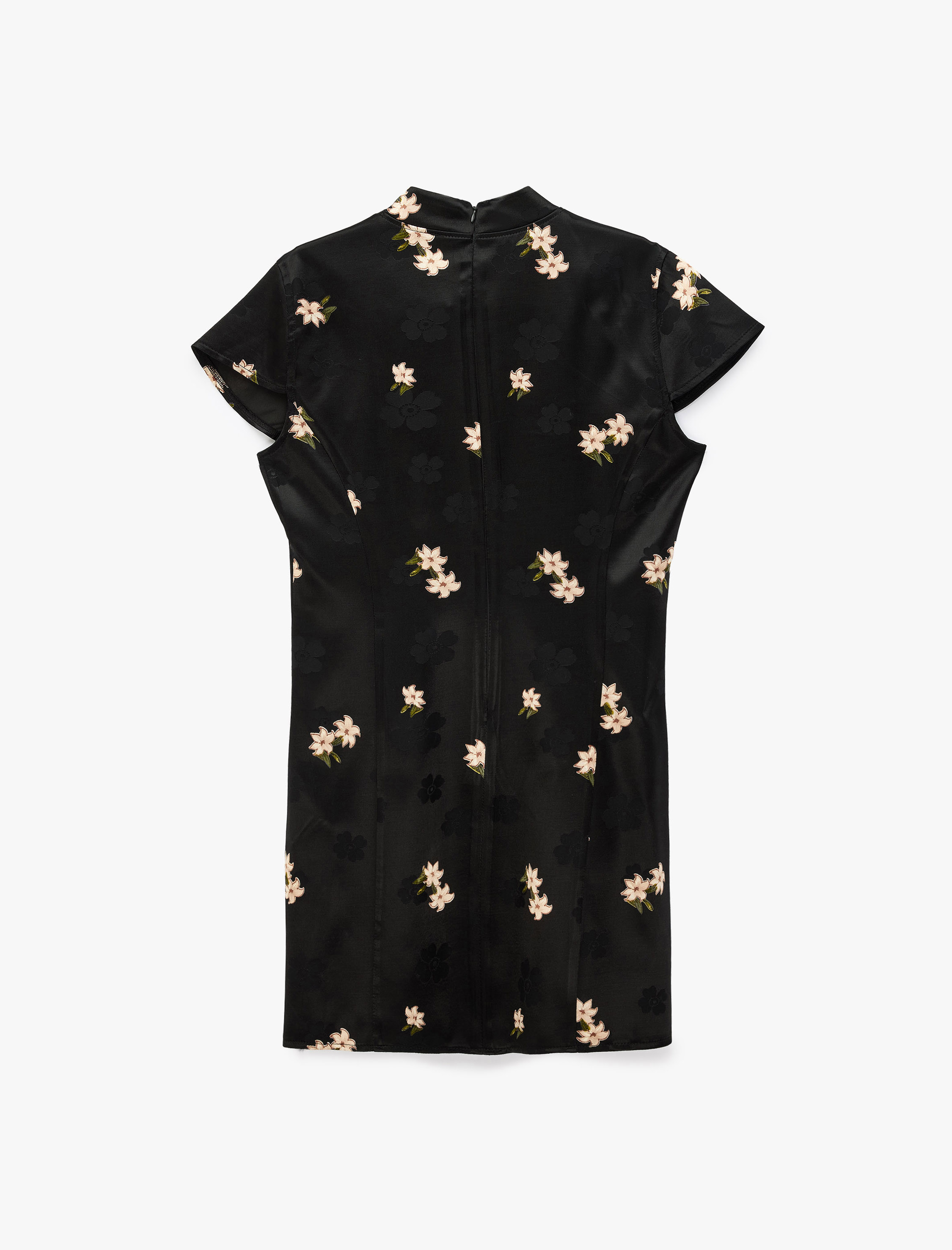   Slim Fit Süs Düğmeli Kap Kol Mandarin Yaka Çiçekli Saten Qipao Mini Elbise