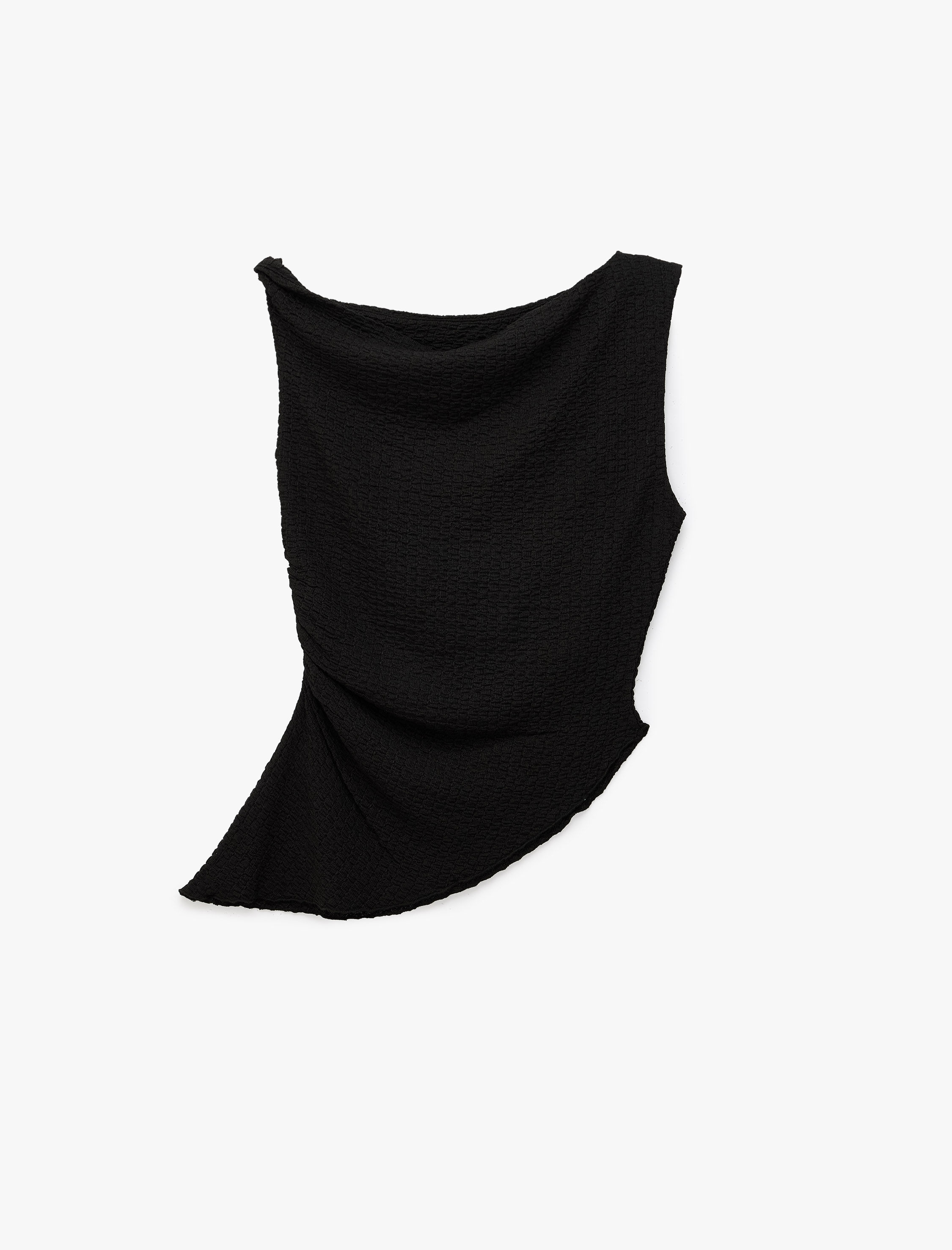   Slim Fit Asimetrik Kesim Omzu Açık Bürümcük Kumaş Kolsuz Bluz