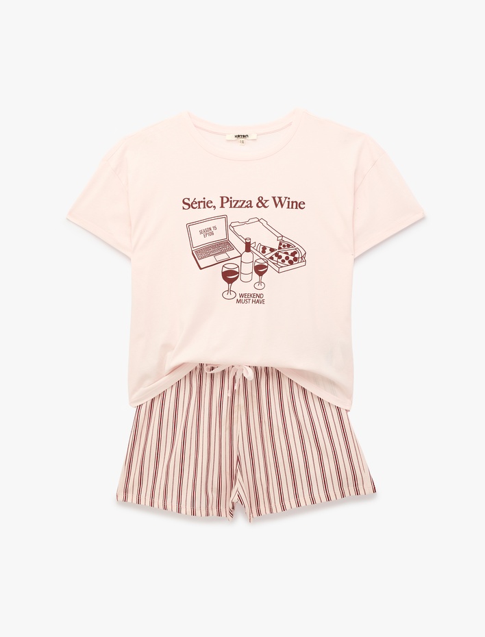  Pamuklu Baskılı Kısa Kollu Şortlu Pijama Takımı