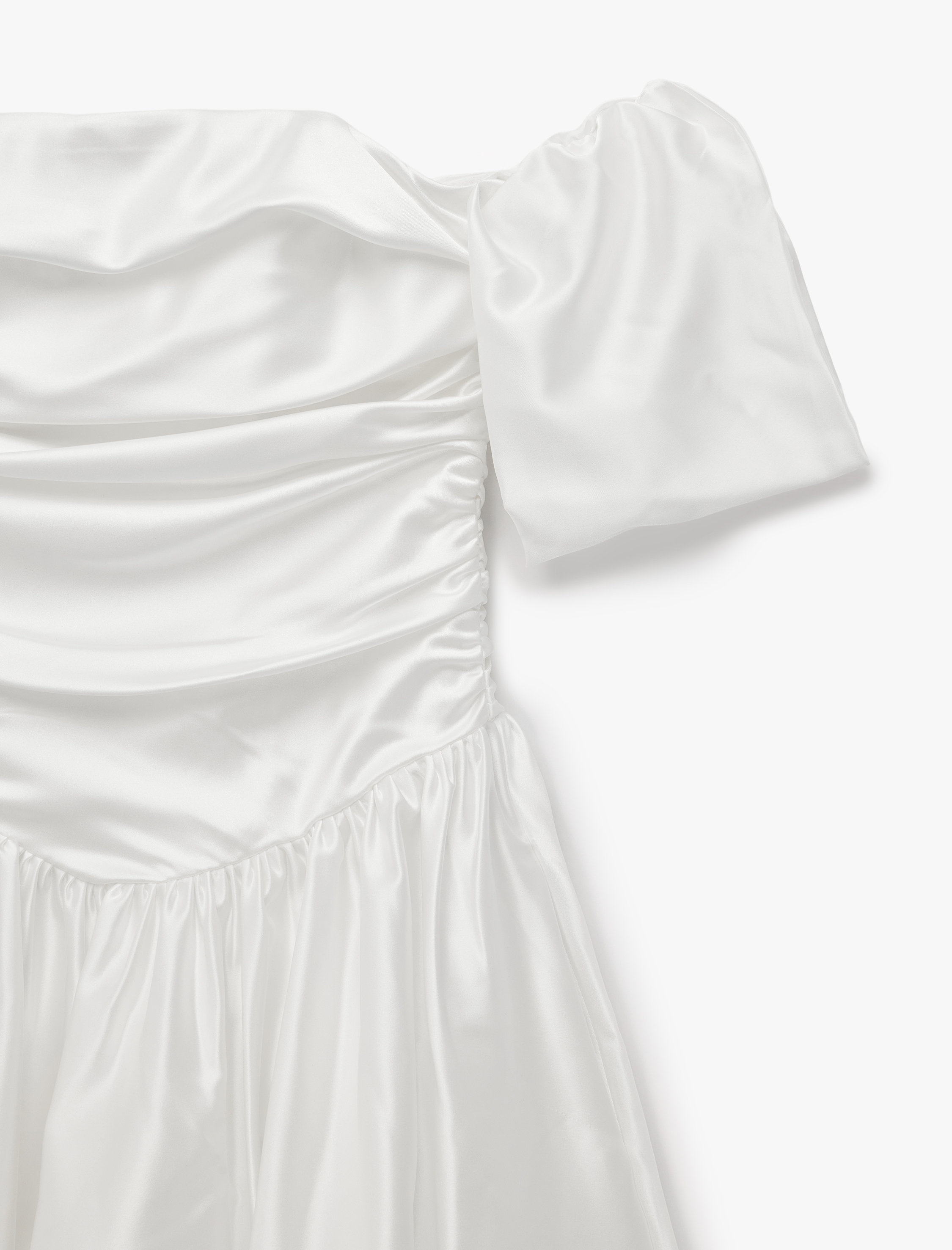   Omzu Açık Balon Kol Drapeli Saten Mini Bridal Elbise