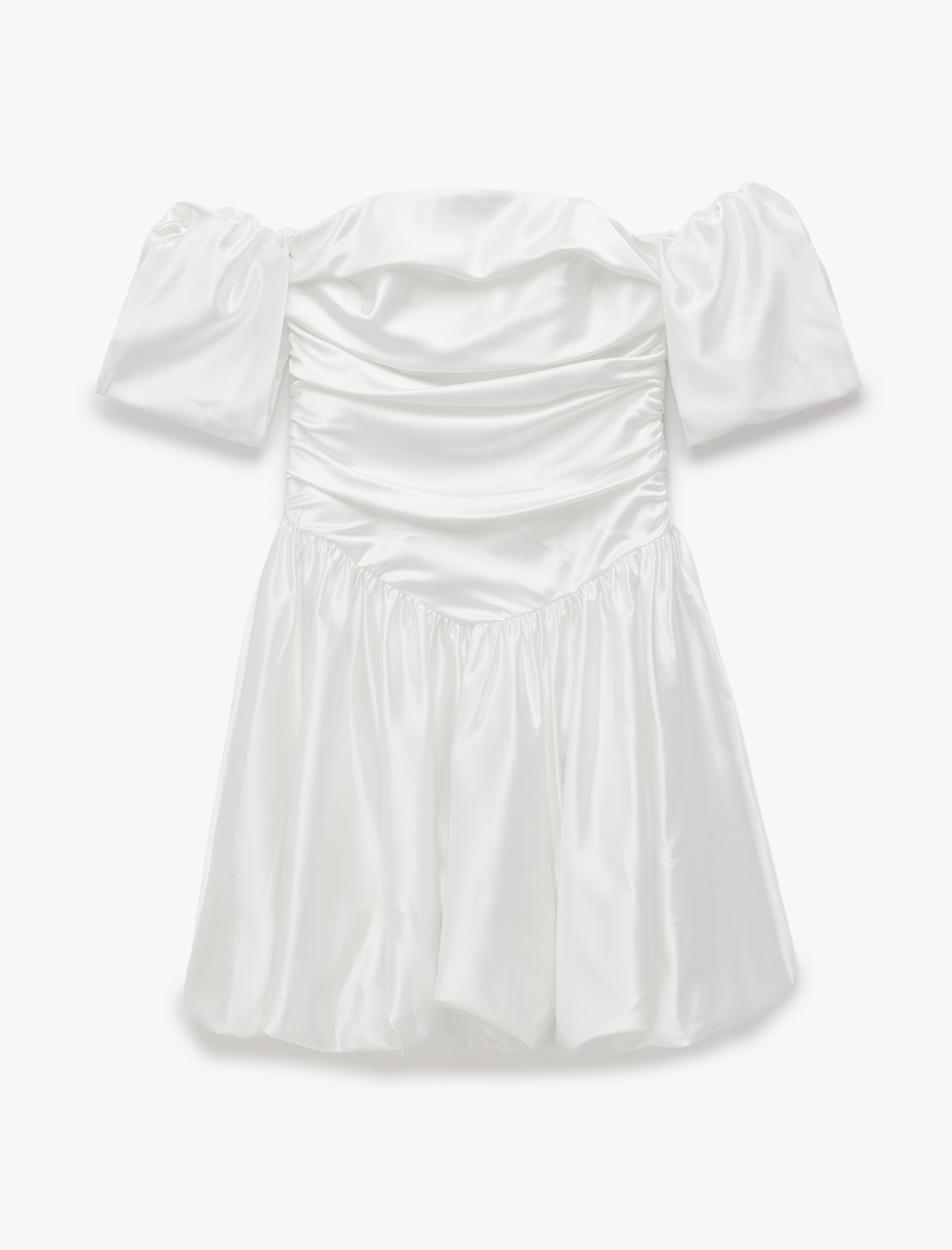   Omzu Açık Balon Kol Drapeli Saten Mini Bridal Elbise