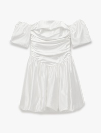 Omzu Açık Balon Kol Drapeli Saten Mini Bridal Elbise