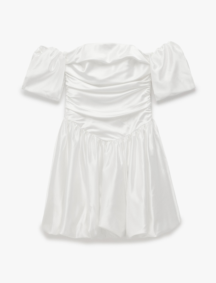  Omzu Açık Balon Kol Drapeli Saten Mini Bridal Elbise