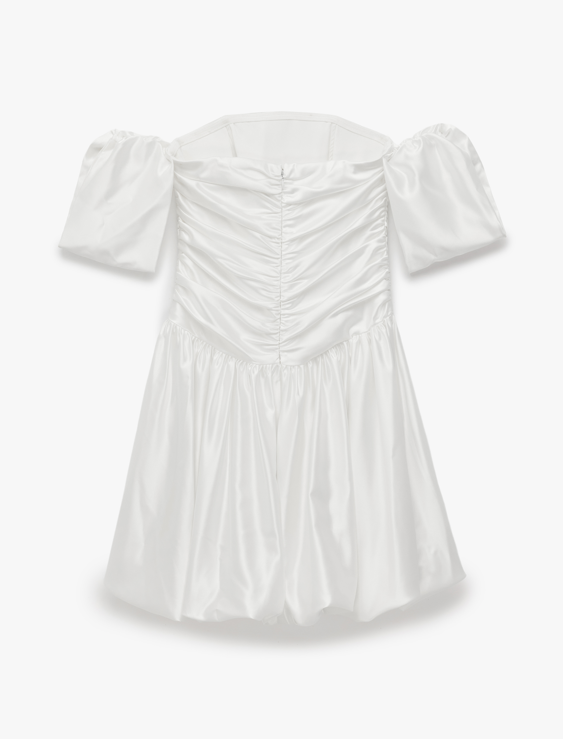   Omzu Açık Balon Kol Drapeli Saten Mini Bridal Elbise