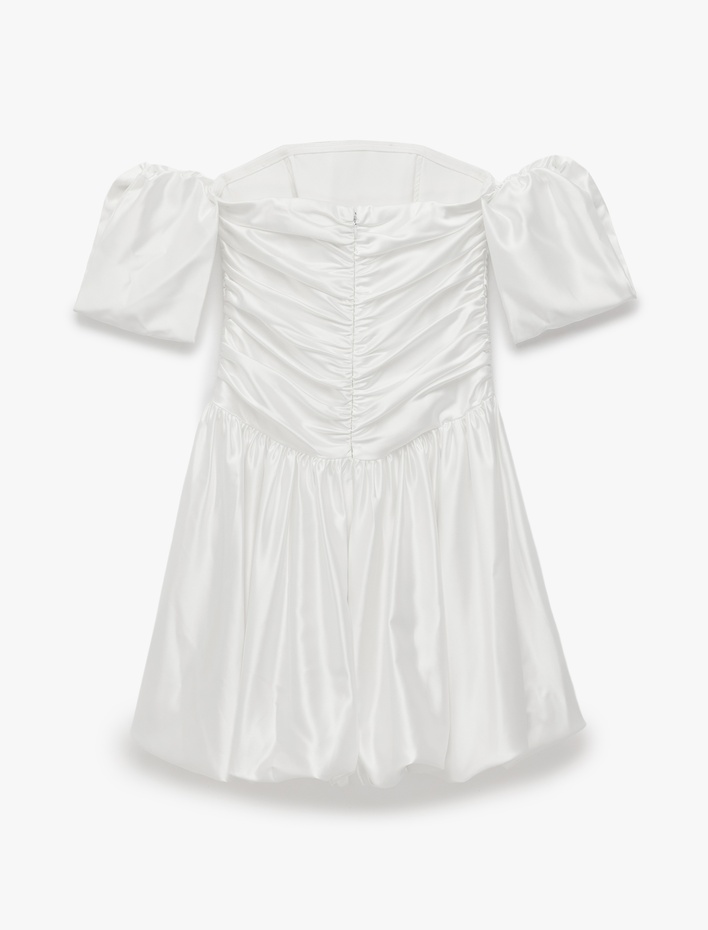  Omzu Açık Balon Kol Drapeli Saten Mini Bridal Elbise