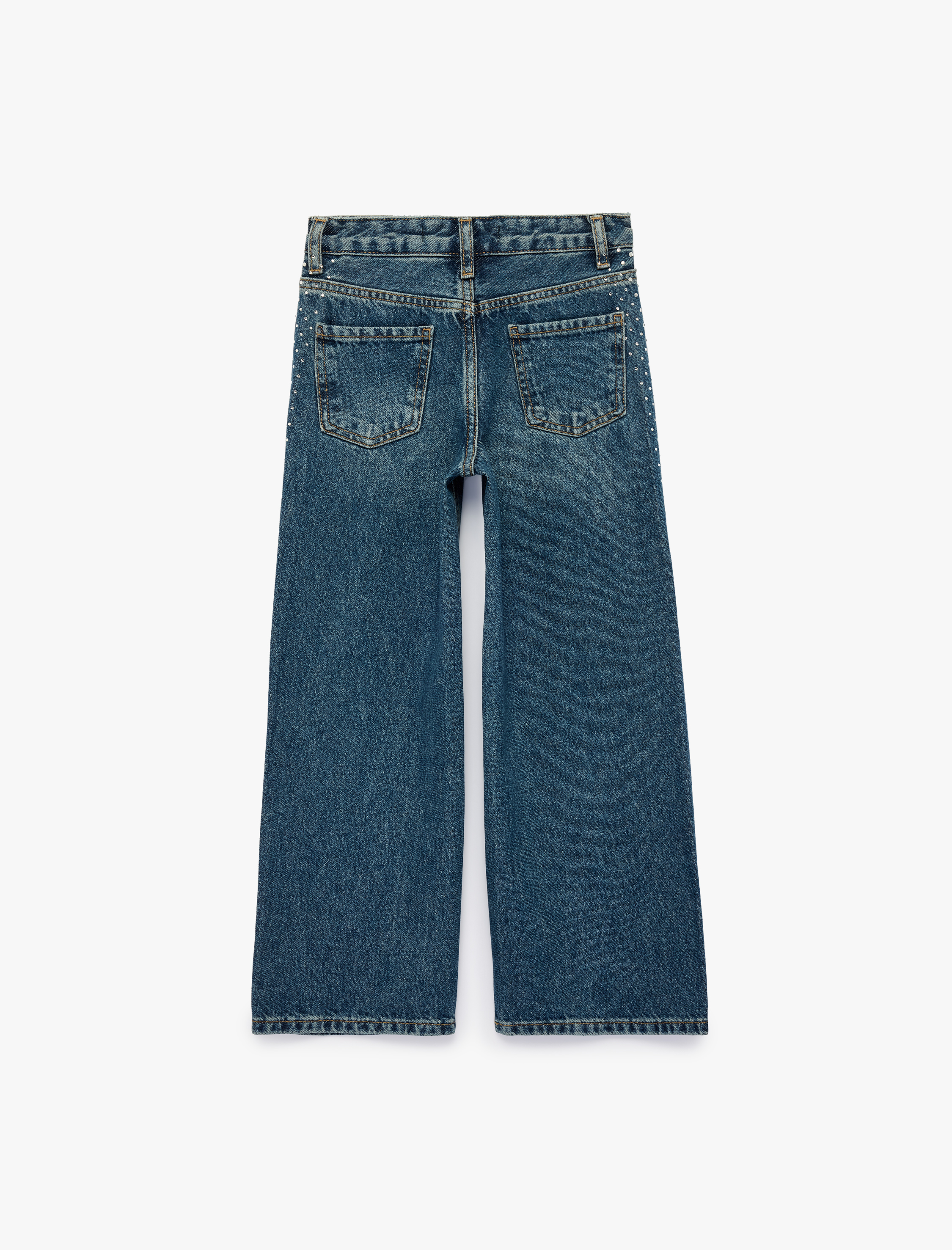  Kız Çocuk Pamuklu Bol Kesim Taş Detaylı Geniş Paça Denim Pantolon