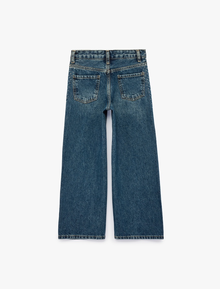 Kız Çocuk Pamuklu Bol Kesim Taş Detaylı Geniş Paça Denim Pantolon