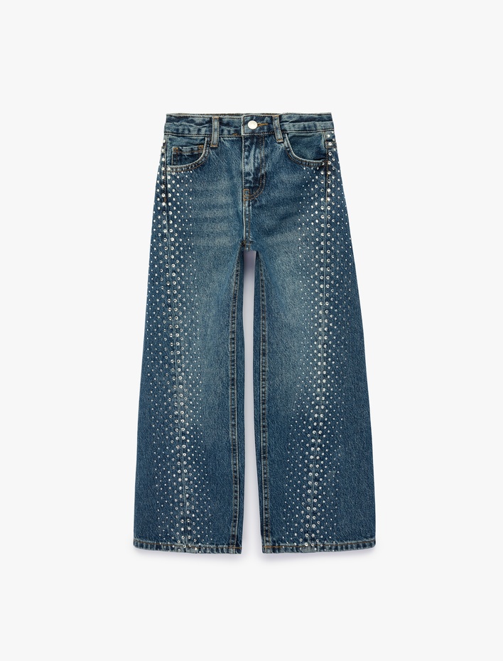 Kız Çocuk Pamuklu Bol Kesim Taş Detaylı Geniş Paça Denim Pantolon