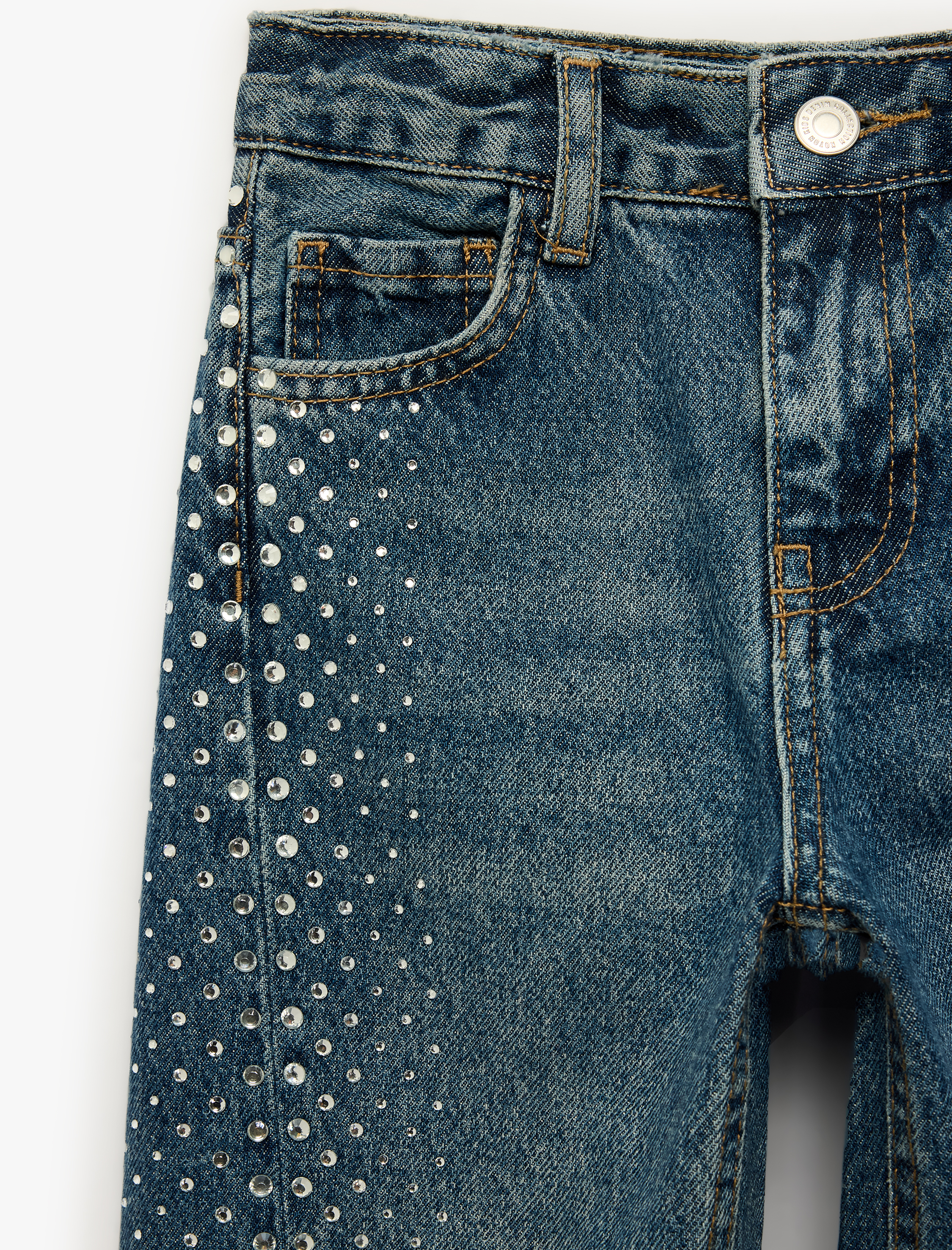  Kız Çocuk Pamuklu Bol Kesim Taş Detaylı Geniş Paça Denim Pantolon