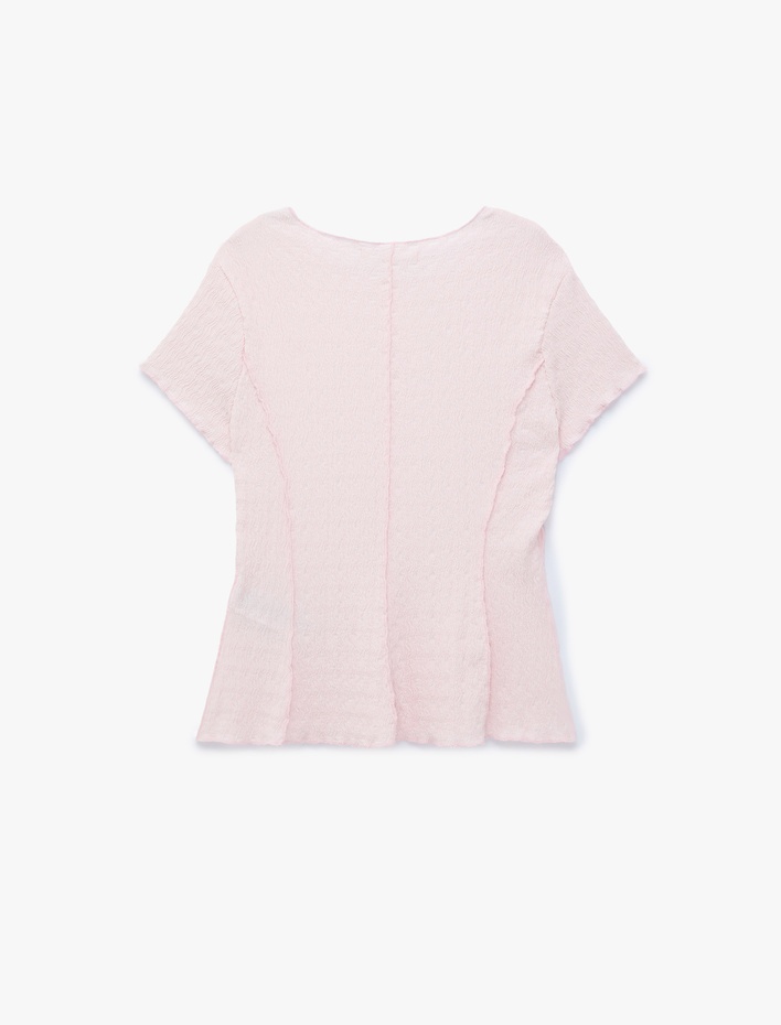  Bürümcük Kumaş Hafif Peplum Kesim Nervürlü Bisiklet Yaka Kısa Kollu Bluz