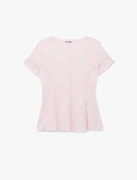 Bürümcük Kumaş Hafif Peplum Kesim Nervürlü Bisiklet Yaka Kısa Kollu Bluz