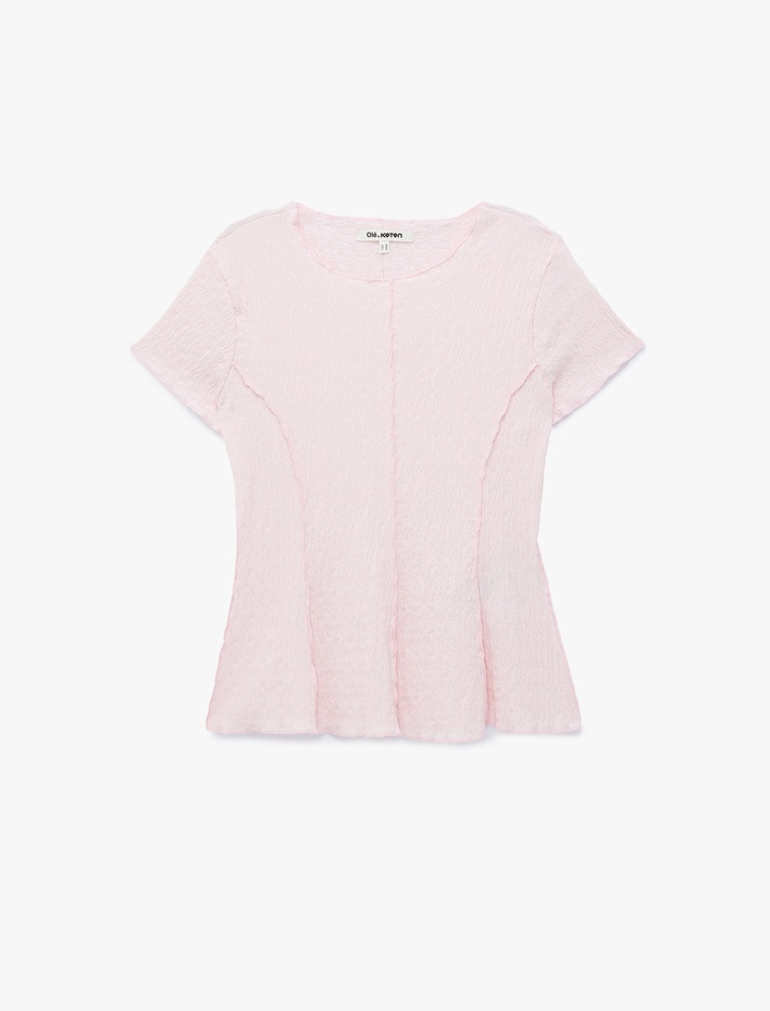  Bürümcük Kumaş Hafif Peplum Kesim Nervürlü Bisiklet Yaka Kısa Kollu Bluz