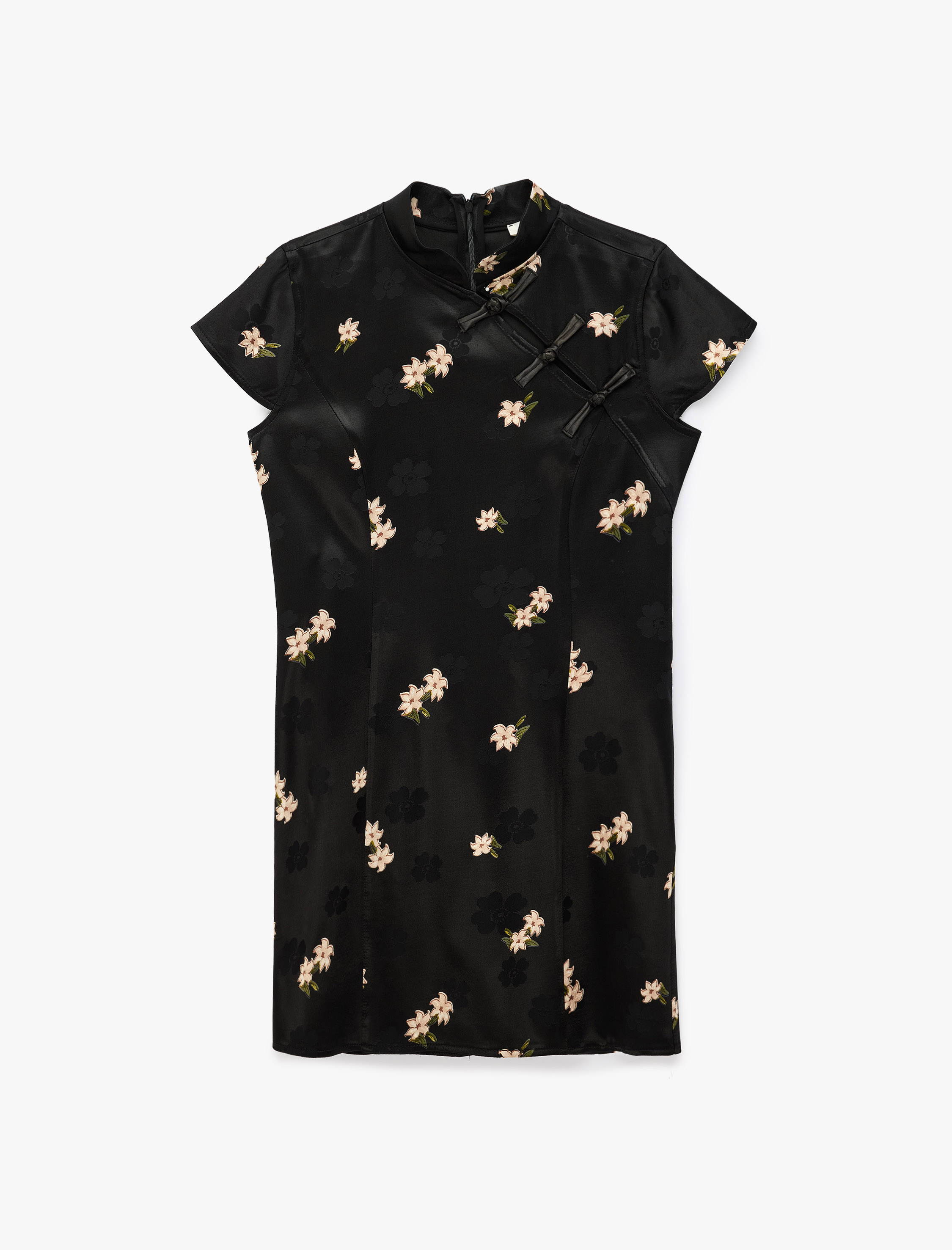   Slim Fit Süs Düğmeli Kap Kol Mandarin Yaka Çiçekli Saten Qipao Mini Elbise