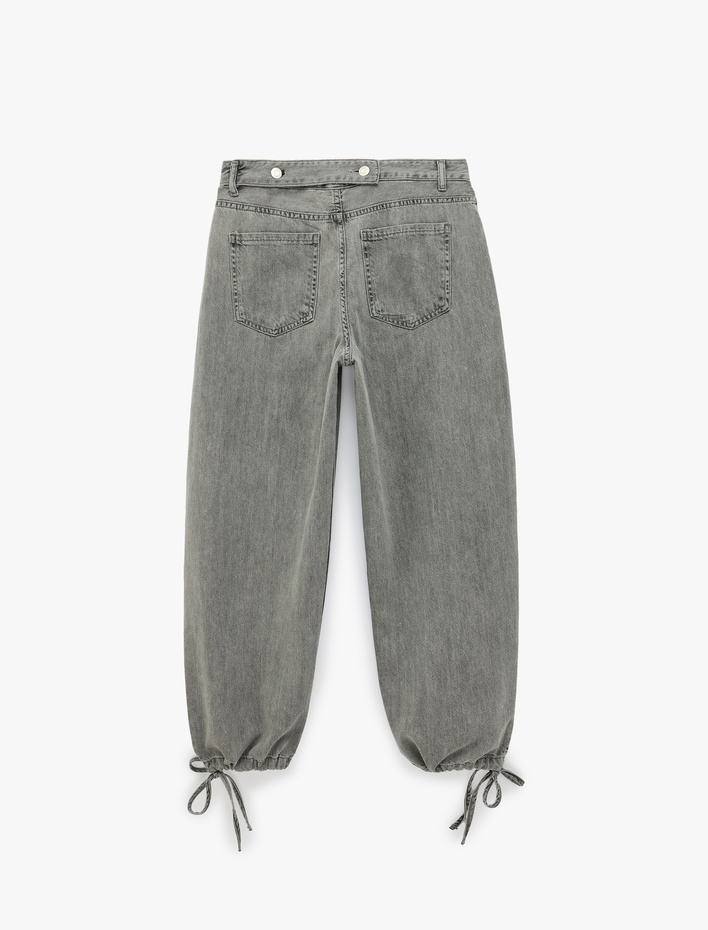  Düğmeli Cepli Yıkamalı Rahat Kalıp Lastikli Kısa Paça Denim Harem Pantolon