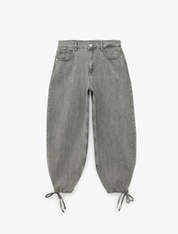 Düğmeli Cepli Yıkamalı Rahat Kalıp Lastikli Kısa Paça Denim Harem Pantolon