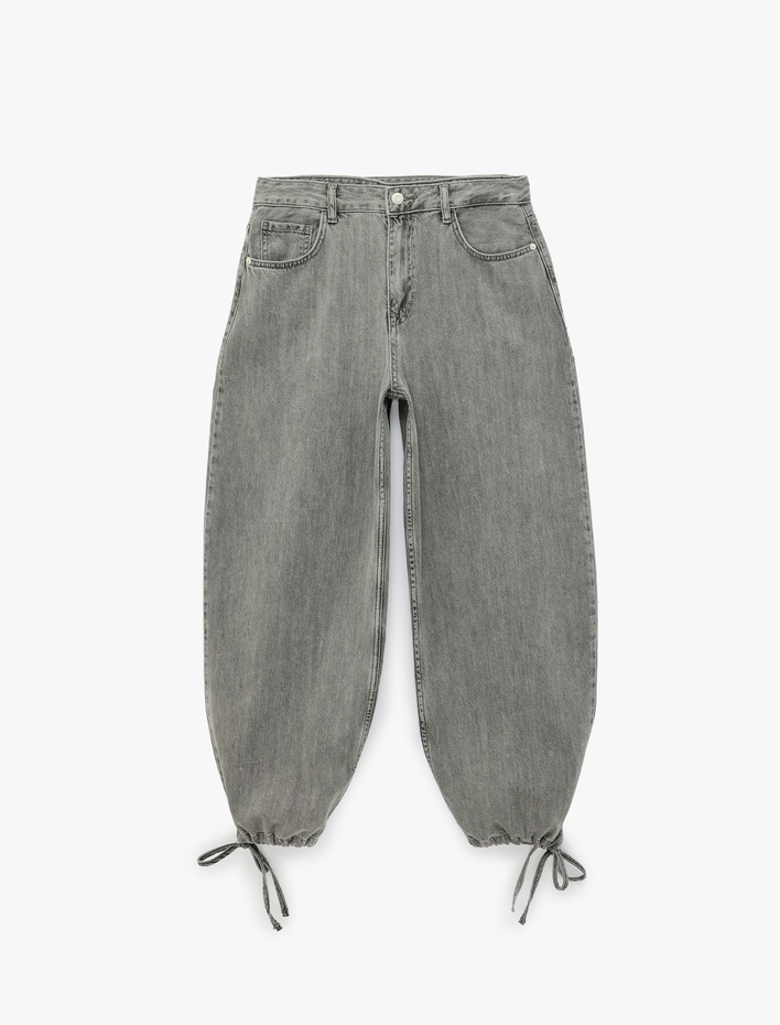  Düğmeli Cepli Yıkamalı Rahat Kalıp Lastikli Kısa Paça Denim Harem Pantolon