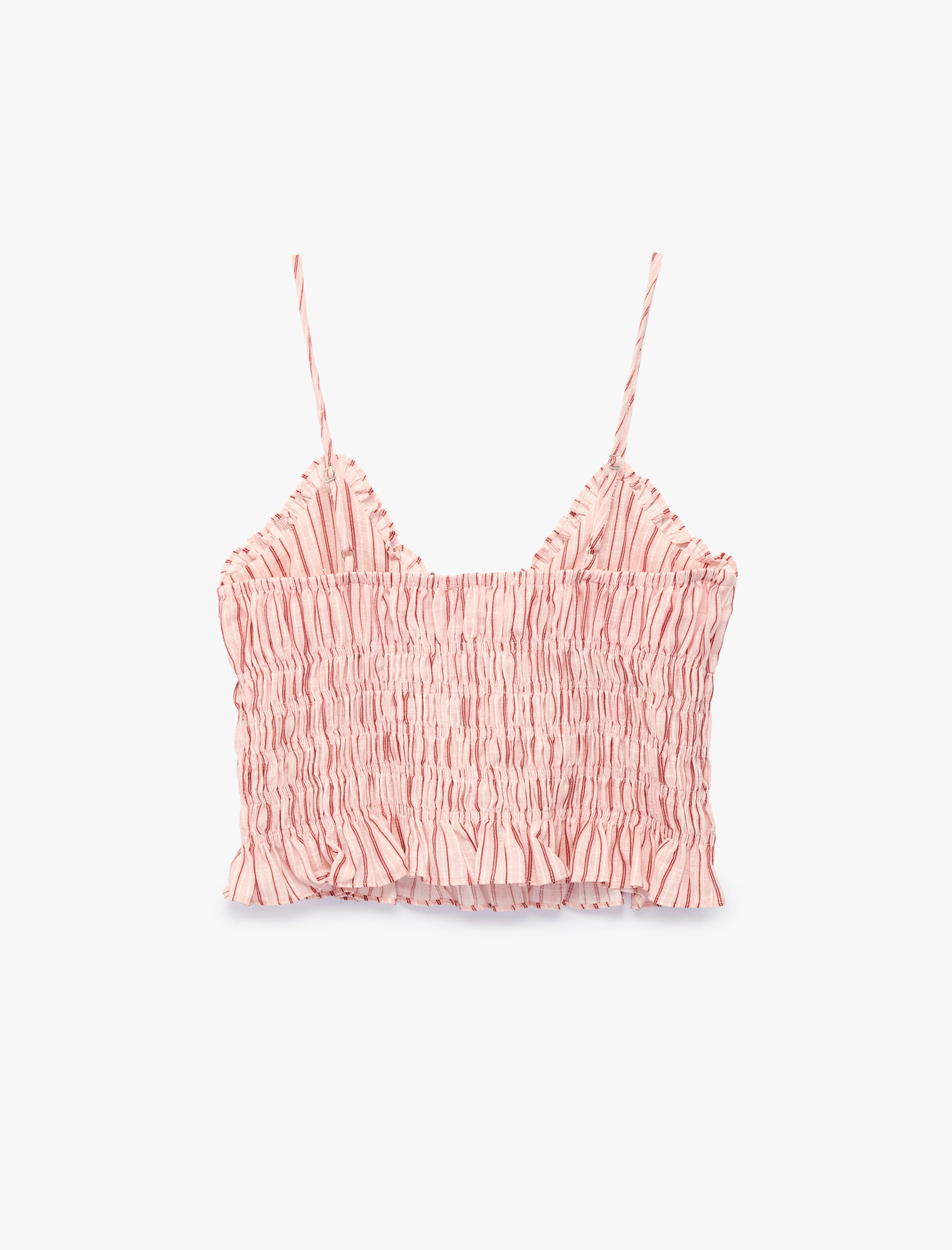   Pamuklu V Yaka Askılı Fırfırlı Gipeli Çizgili Crop Bluz