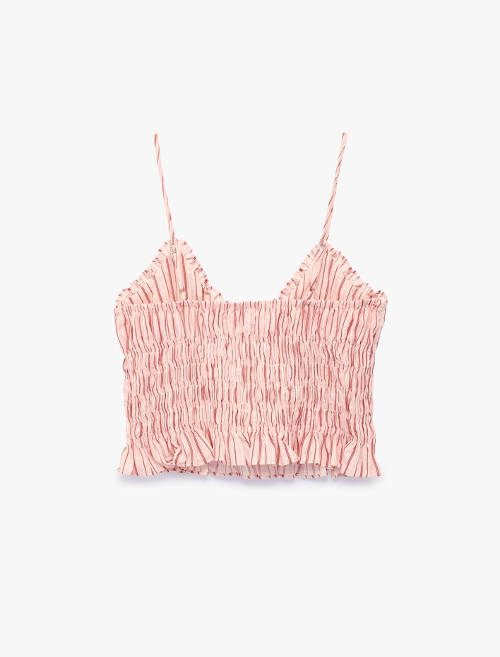  Pamuklu V Yaka Askılı Fırfırlı Gipeli Çizgili Crop Bluz