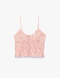 Pamuklu V Yaka Askılı Fırfırlı Gipeli Çizgili Crop Bluz