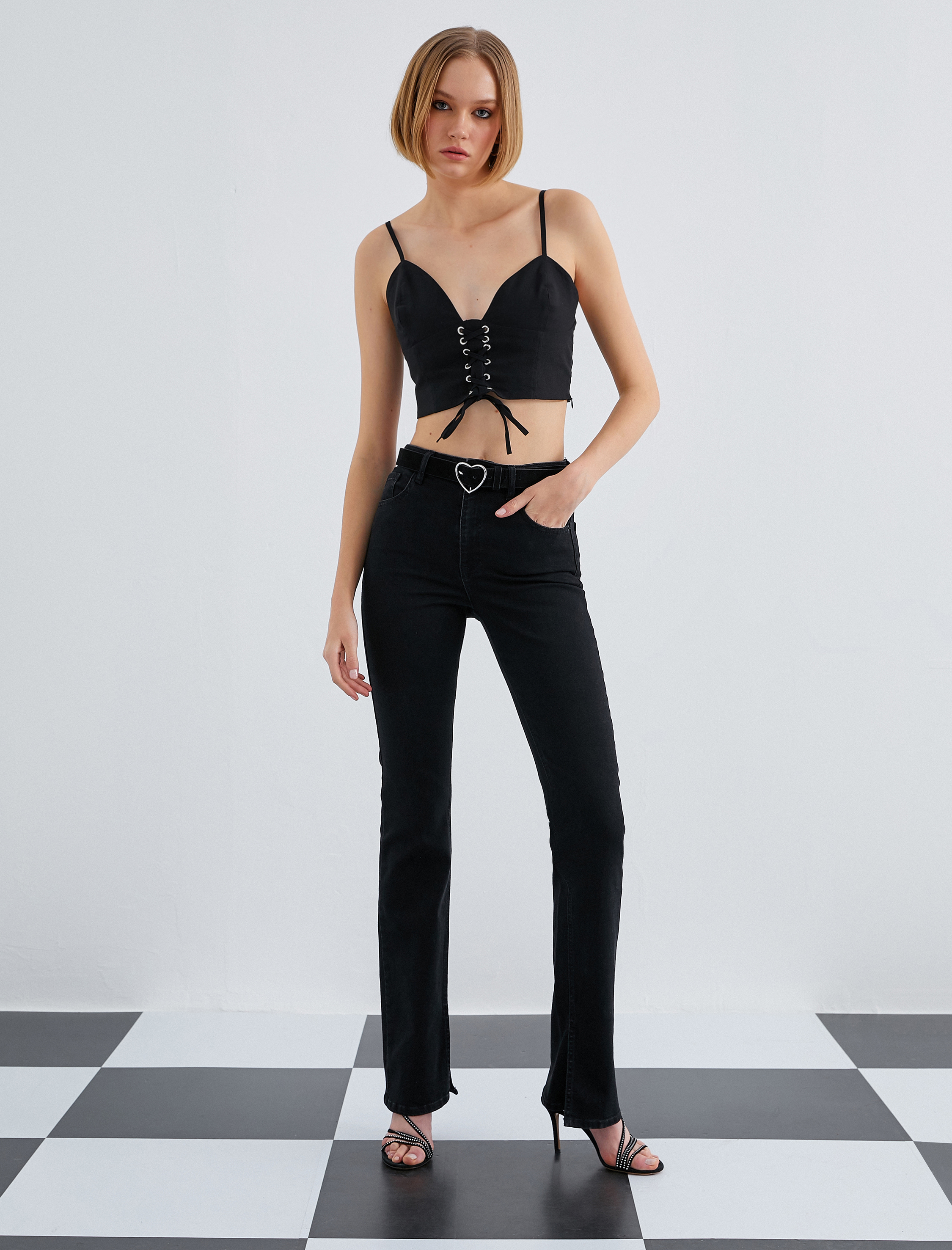   Yüksek Bel Kot Pantolon  - Slim Flare Jean