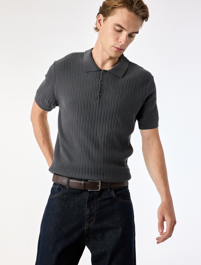  Regular Fit Kısa Kollu Pamuklu Dokulu Düğmeli Polo Yaka Triko Tişört