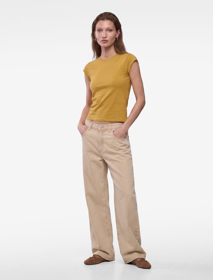  Pamuklu Regular Fit Kap Kollu Bisiklet Yaka Basic Tişört