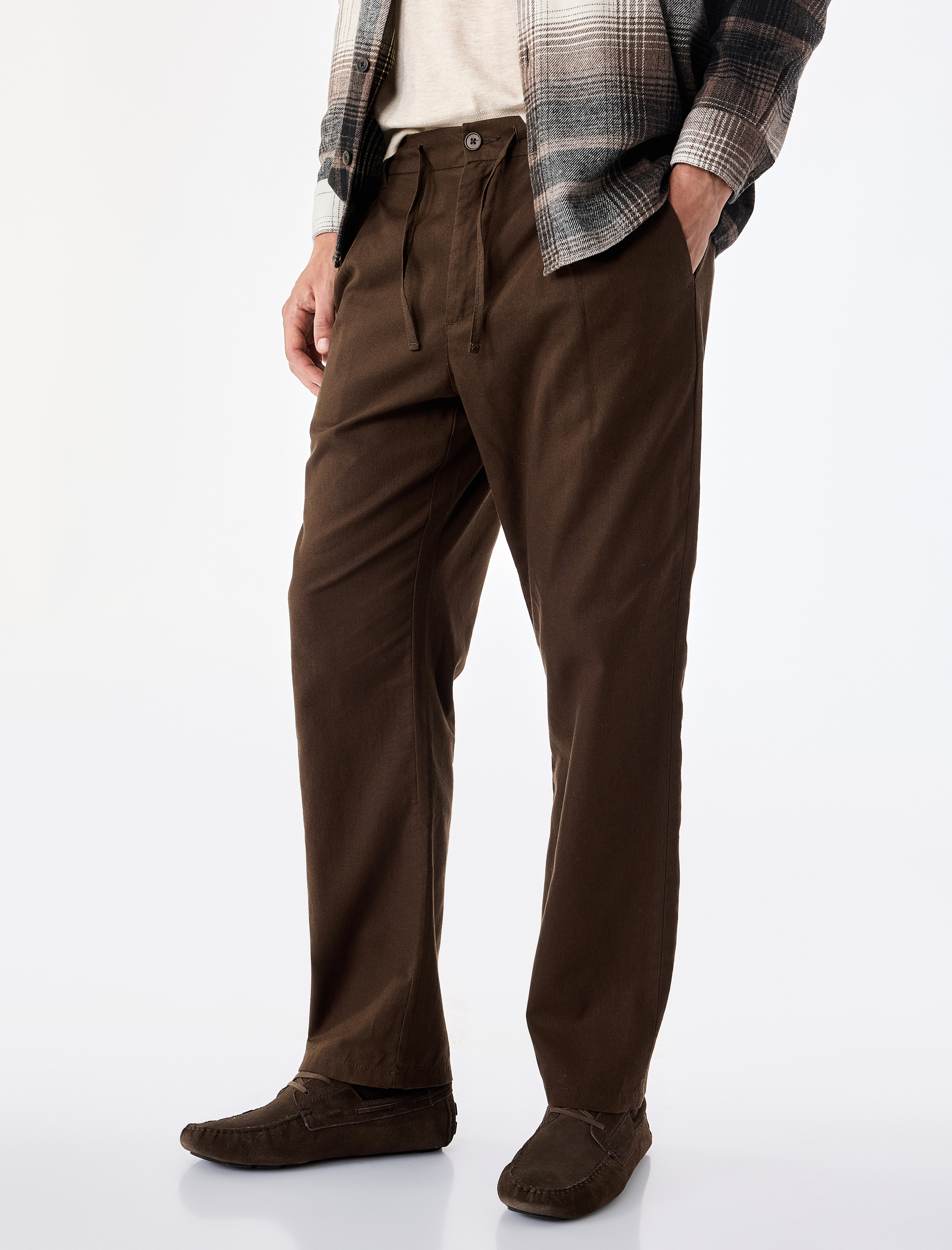   Pamuk Keten Karışımlı Cepli Pileli Slim Fit Beli Bağcıklı Pantolon