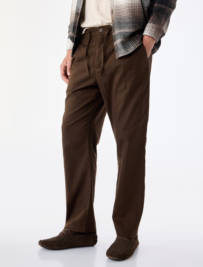  Pamuk Keten Karışımlı Cepli Pileli Slim Fit Beli Bağcıklı Pantolon