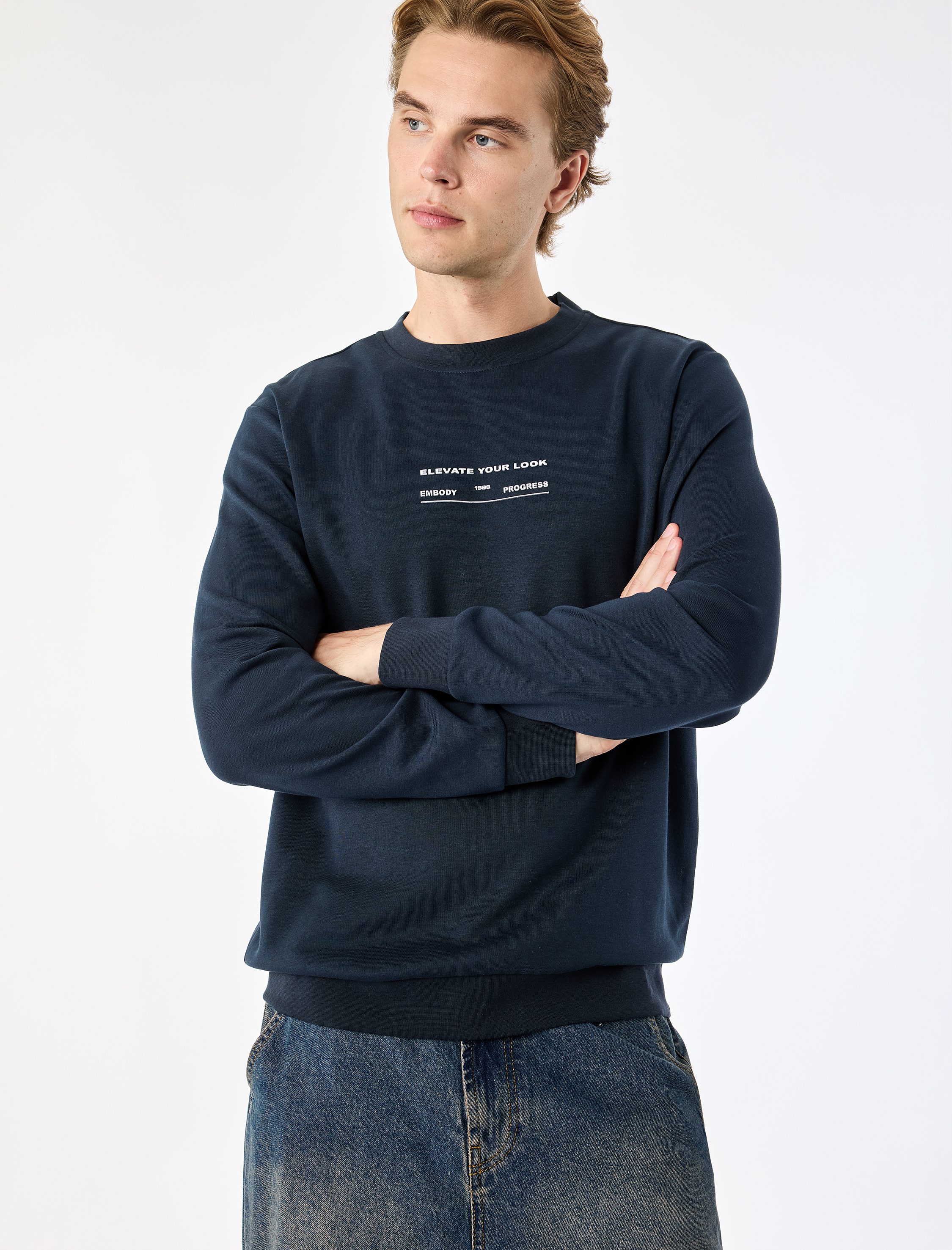   Bisiklet Yaka Pamuklu Uzun Kollu Baskılı Sweatshirt