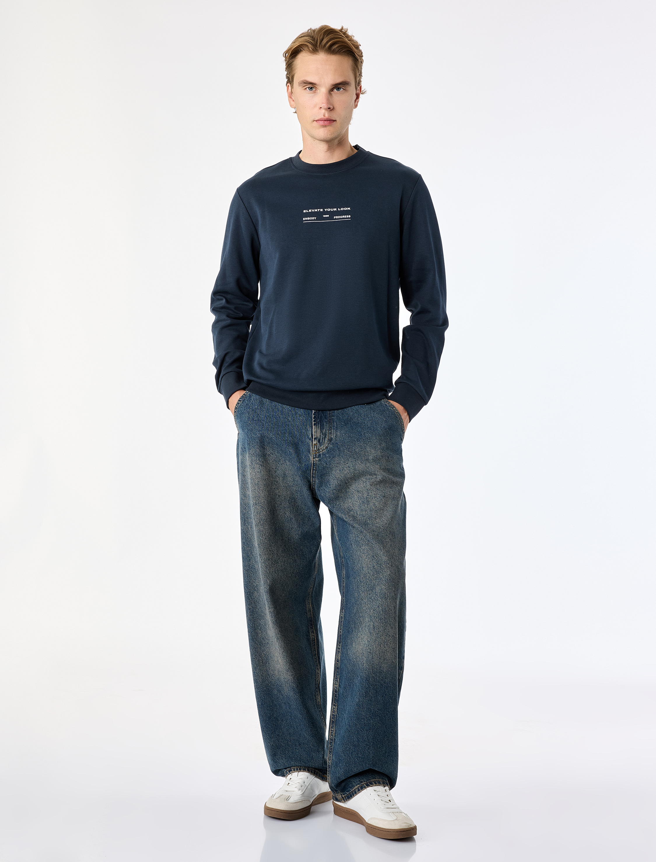  Bisiklet Yaka Pamuklu Uzun Kollu Baskılı Sweatshirt