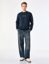 Bisiklet Yaka Pamuklu Uzun Kollu Baskılı Sweatshirt