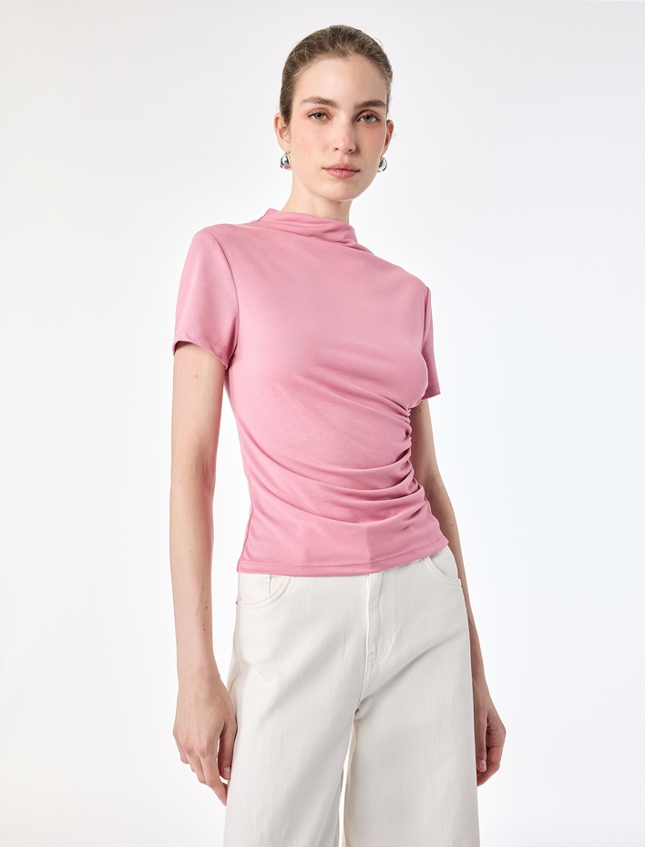  Modal Kumaş Slim Fit Drapeli Kısa Kollu Geniş Dik Yaka Bluz