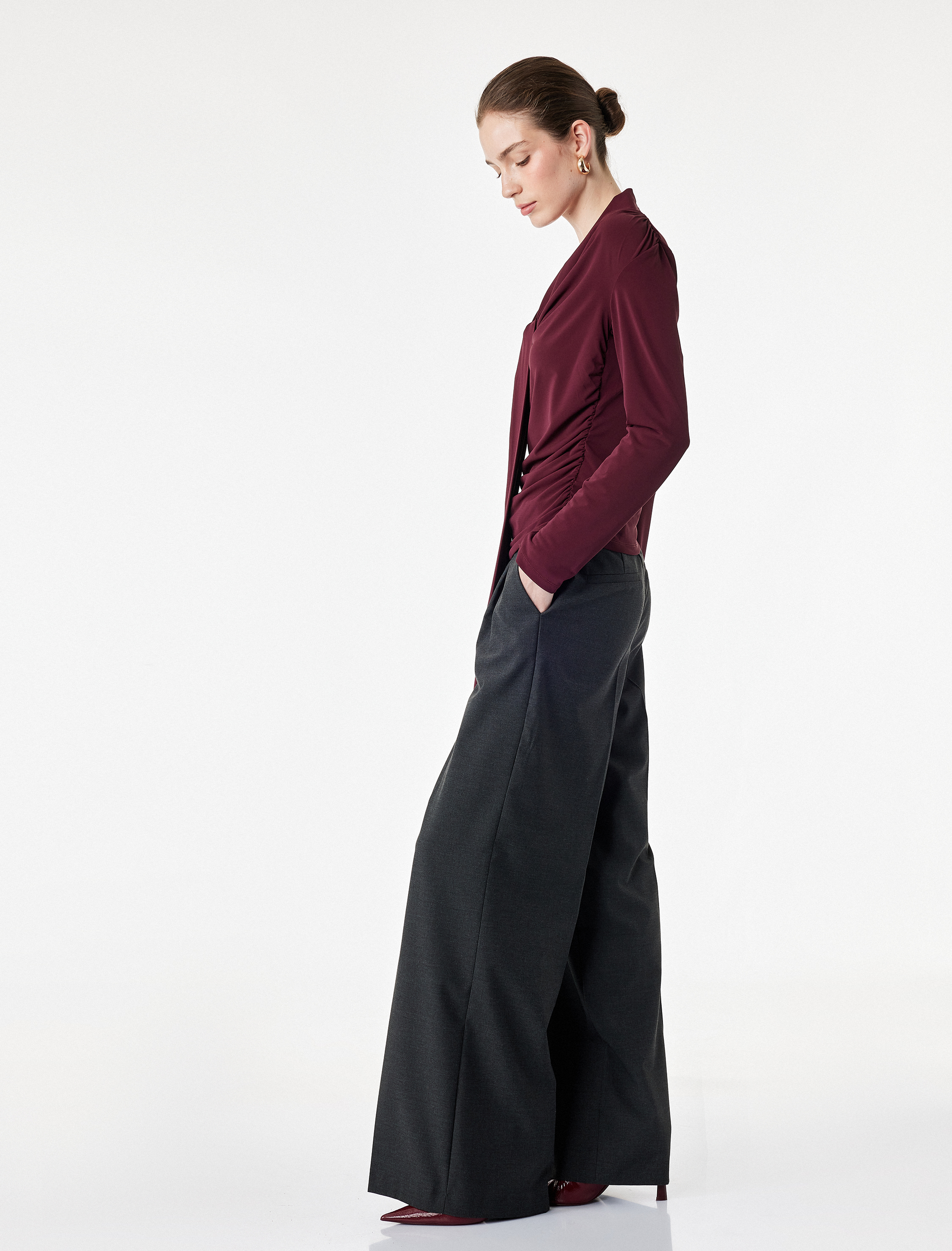   Slim Fit Uzun Kollu Şal Detaylı Drapeli Degaje Yaka Bluz