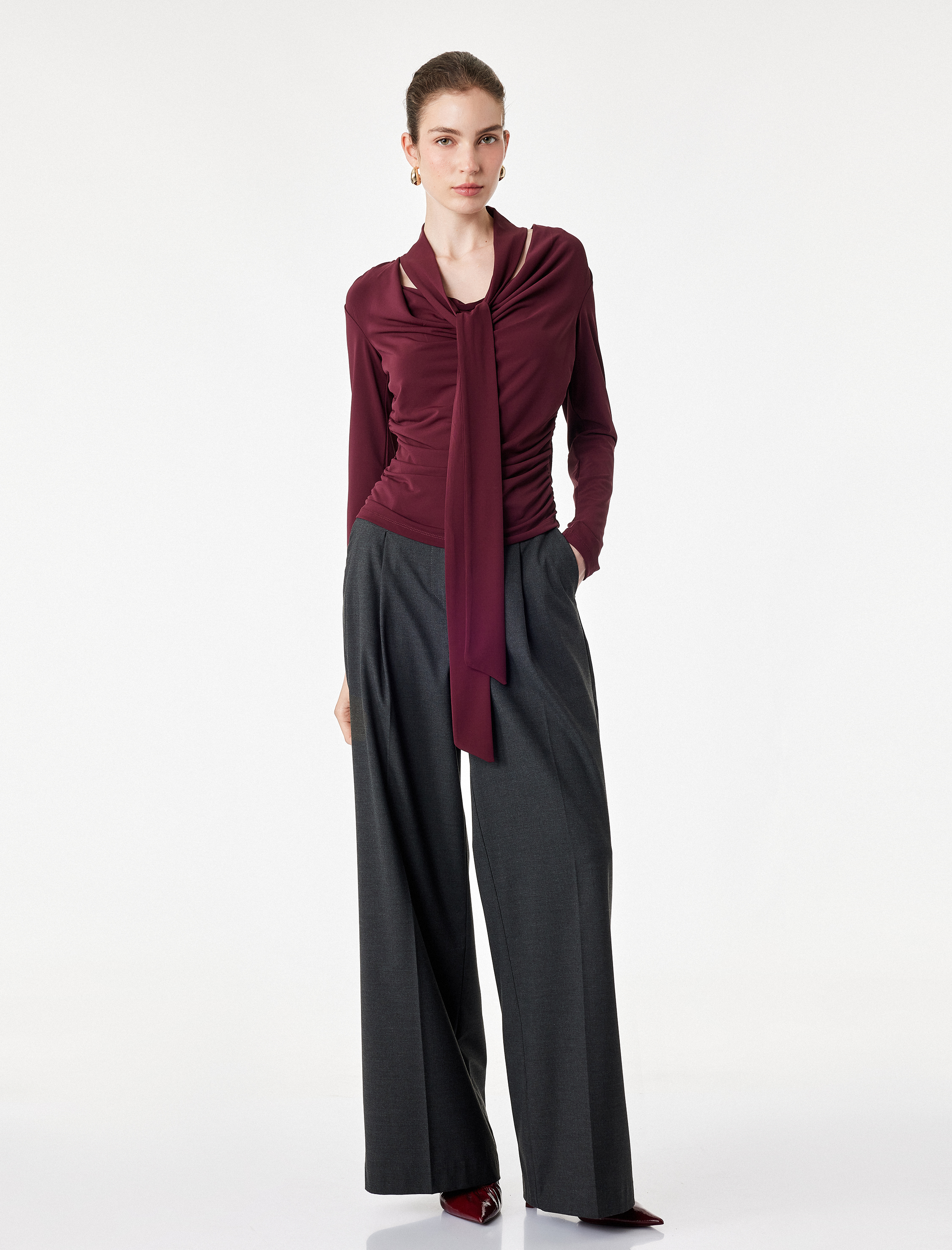   Slim Fit Uzun Kollu Şal Detaylı Drapeli Degaje Yaka Bluz