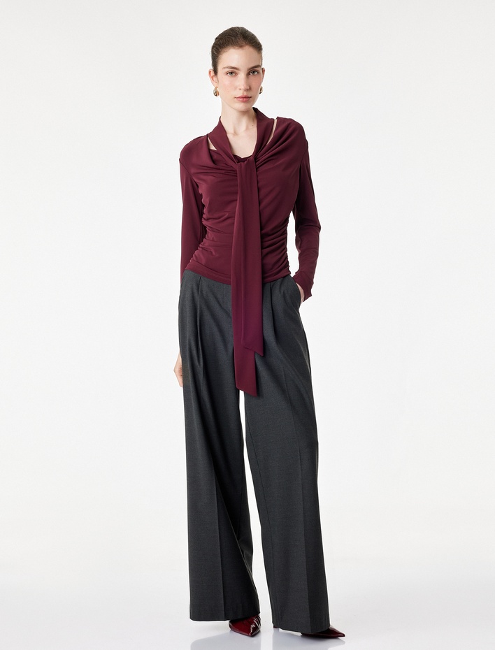  Slim Fit Uzun Kollu Şal Detaylı Drapeli Degaje Yaka Bluz