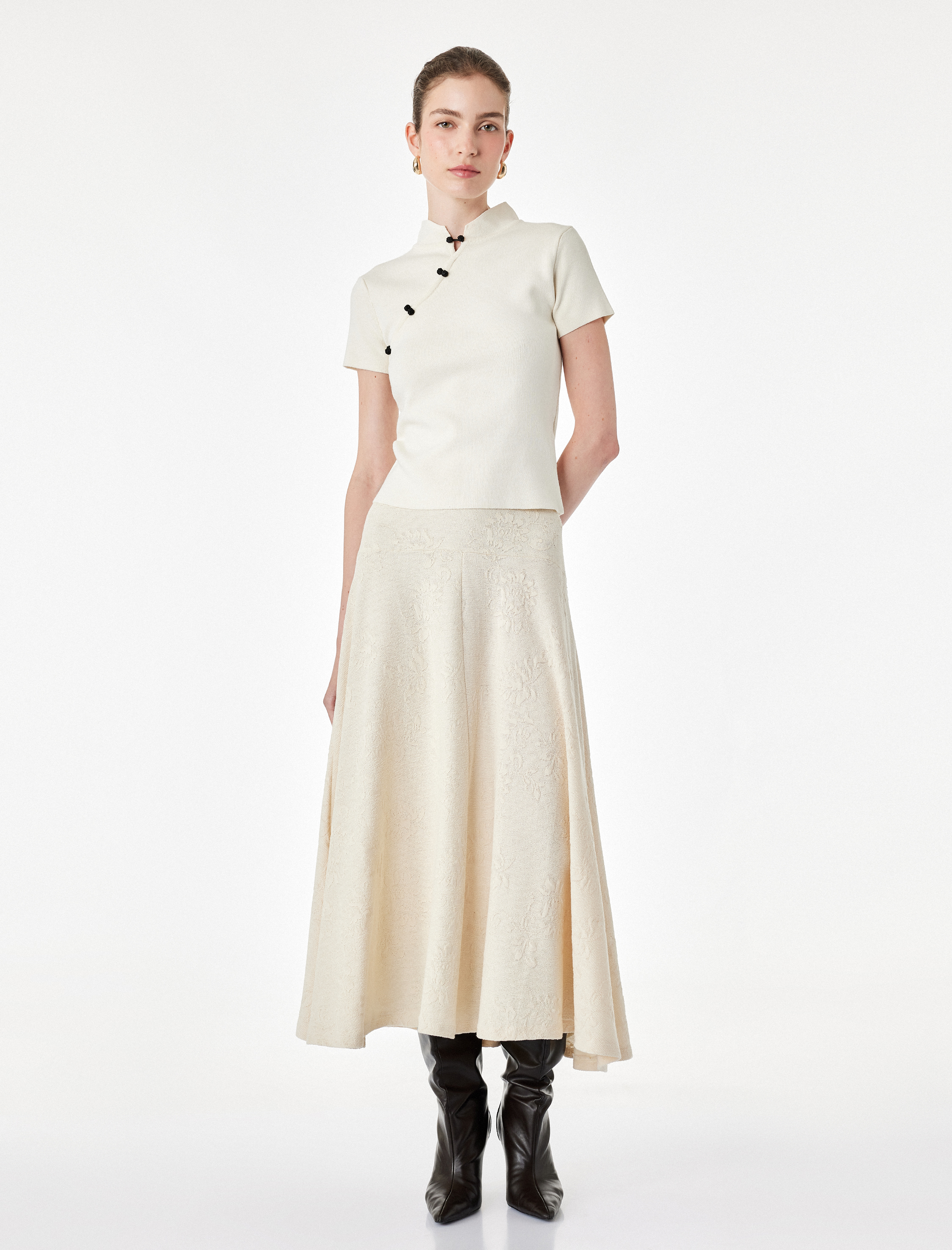   Pileli Floral Dokulu Midi Kloş Midi Etek