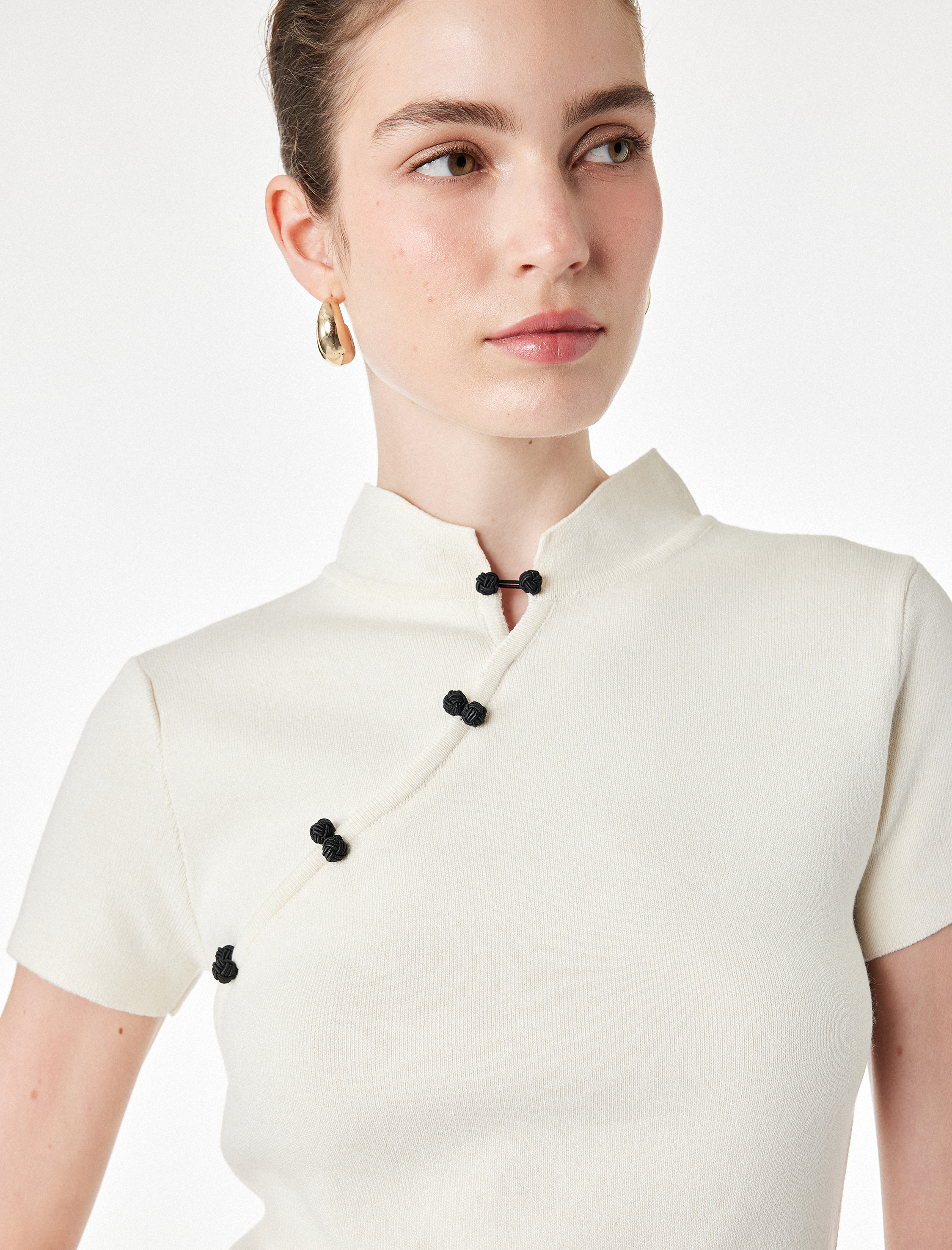   Viskon Süs Düğmeli Mandarin Yaka Kısa Kollu Triko Qipao Bluz