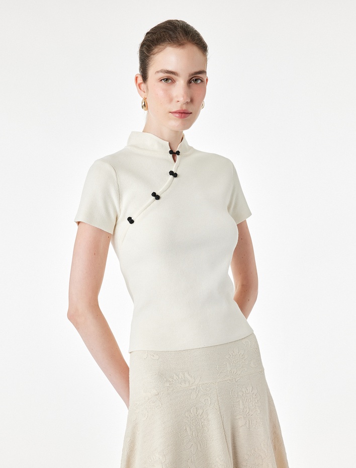  Viskon Süs Düğmeli Mandarin Yaka Kısa Kollu Triko Qipao Bluz