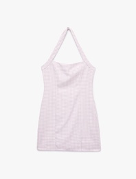 Slim Fit Sırt Detaylı Pötikareli Halter Yaka Mini Elbise
