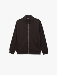 Üç İplik Şardonlu Regular Fit Uzun Kollu Fermuarlı Yaka Cepli Sweatshirt