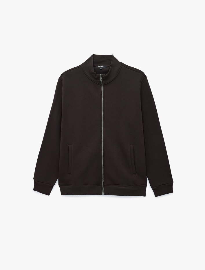  Üç İplik Şardonlu Regular Fit Uzun Kollu Fermuarlı Yaka Cepli Sweatshirt