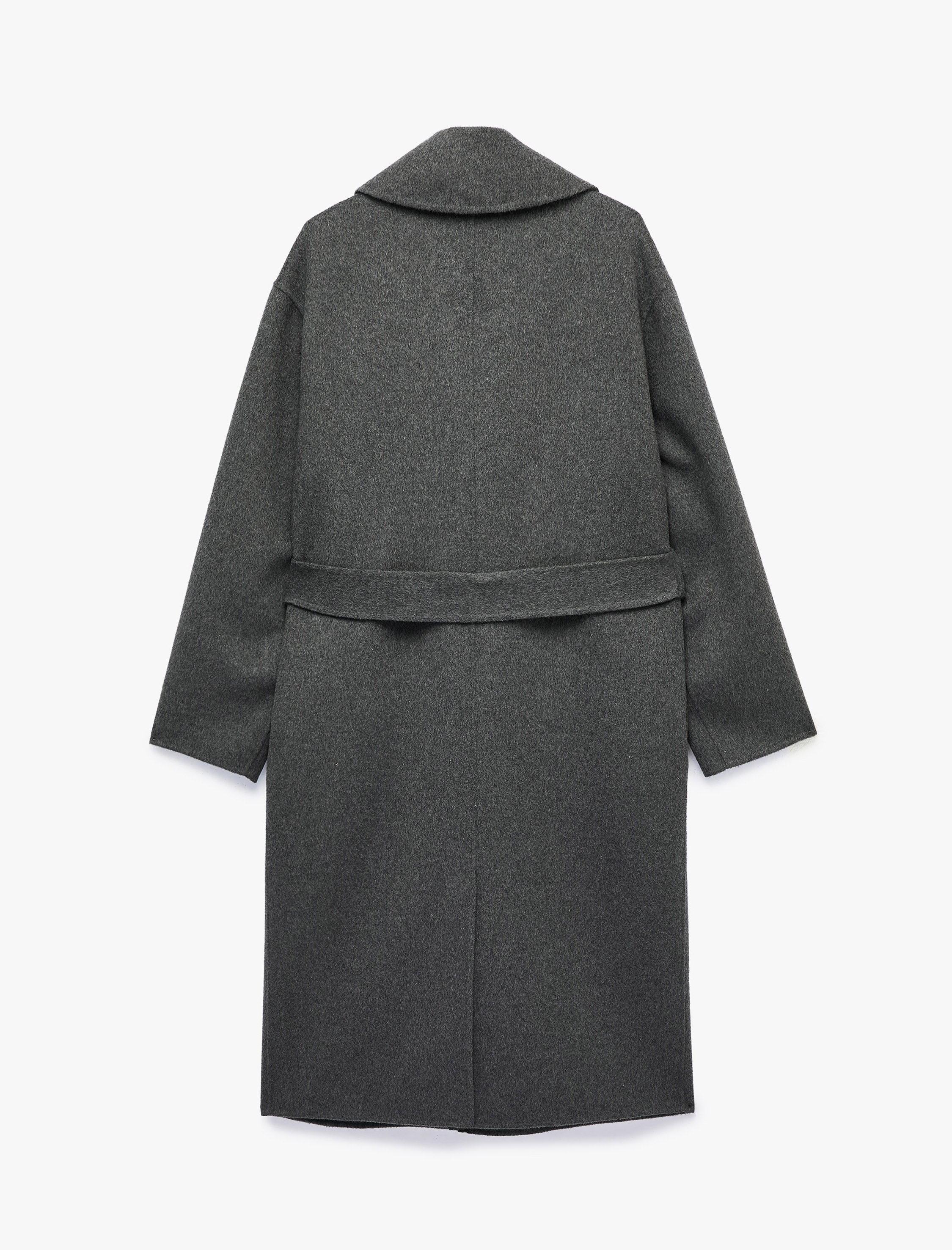   Regular Fit Uzun Kollu Kuşaklı Cepli Yün Karışımlı Uzun Kaşe Kaban