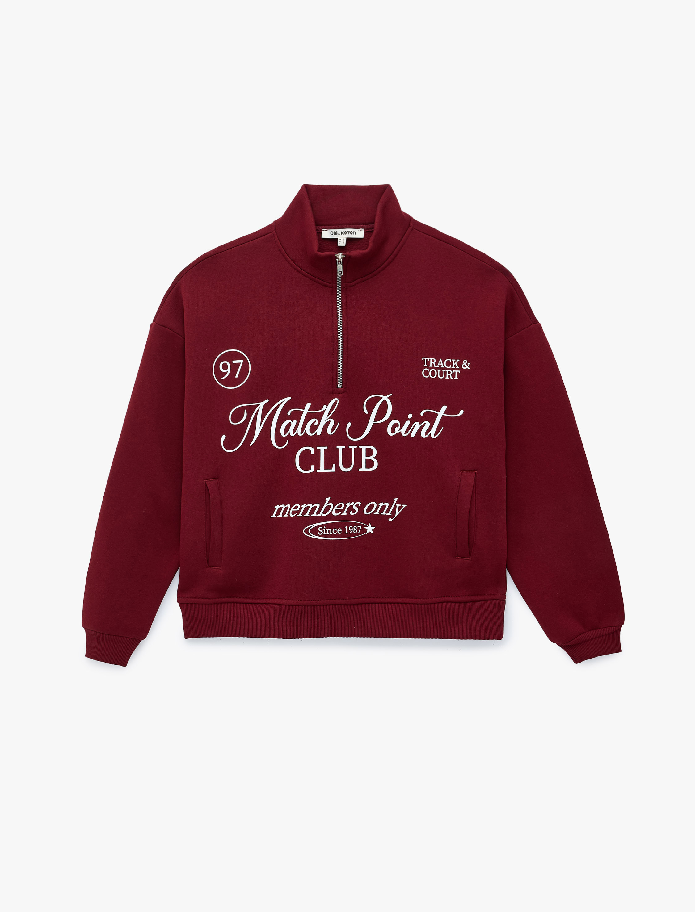   Şardonlu Rahat Kalıp Uzun Kollu Cepli Yarım Fermuarlı Baskılı Sweatshirt
