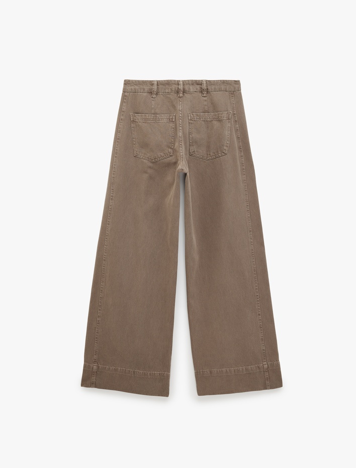  Pileli Pamuklu Normal Bel Cep Detaylı Geniş Paça Pantolon -  Wide Leg Jeans