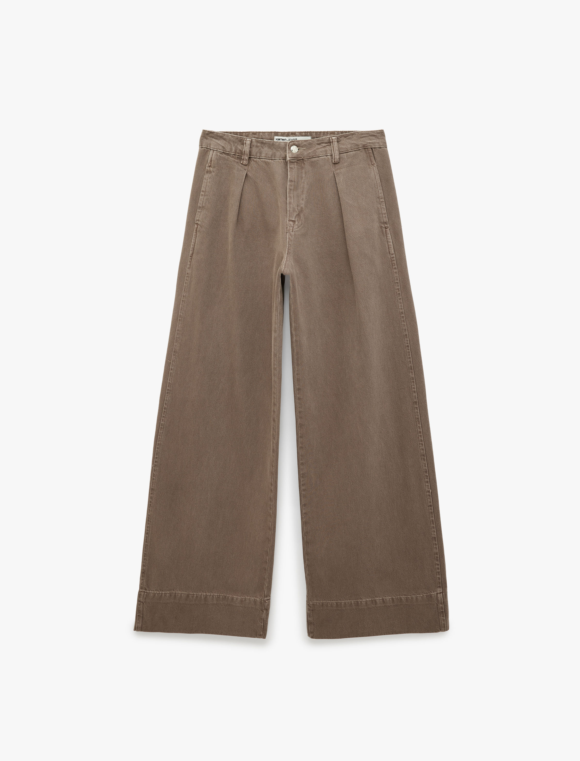   Pileli Pamuklu Normal Bel Cep Detaylı Geniş Paça Pantolon -  Wide Leg Jeans