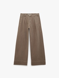 Pileli Pamuklu Normal Bel Cep Detaylı Geniş Paça Pantolon -  Wide Leg Jeans